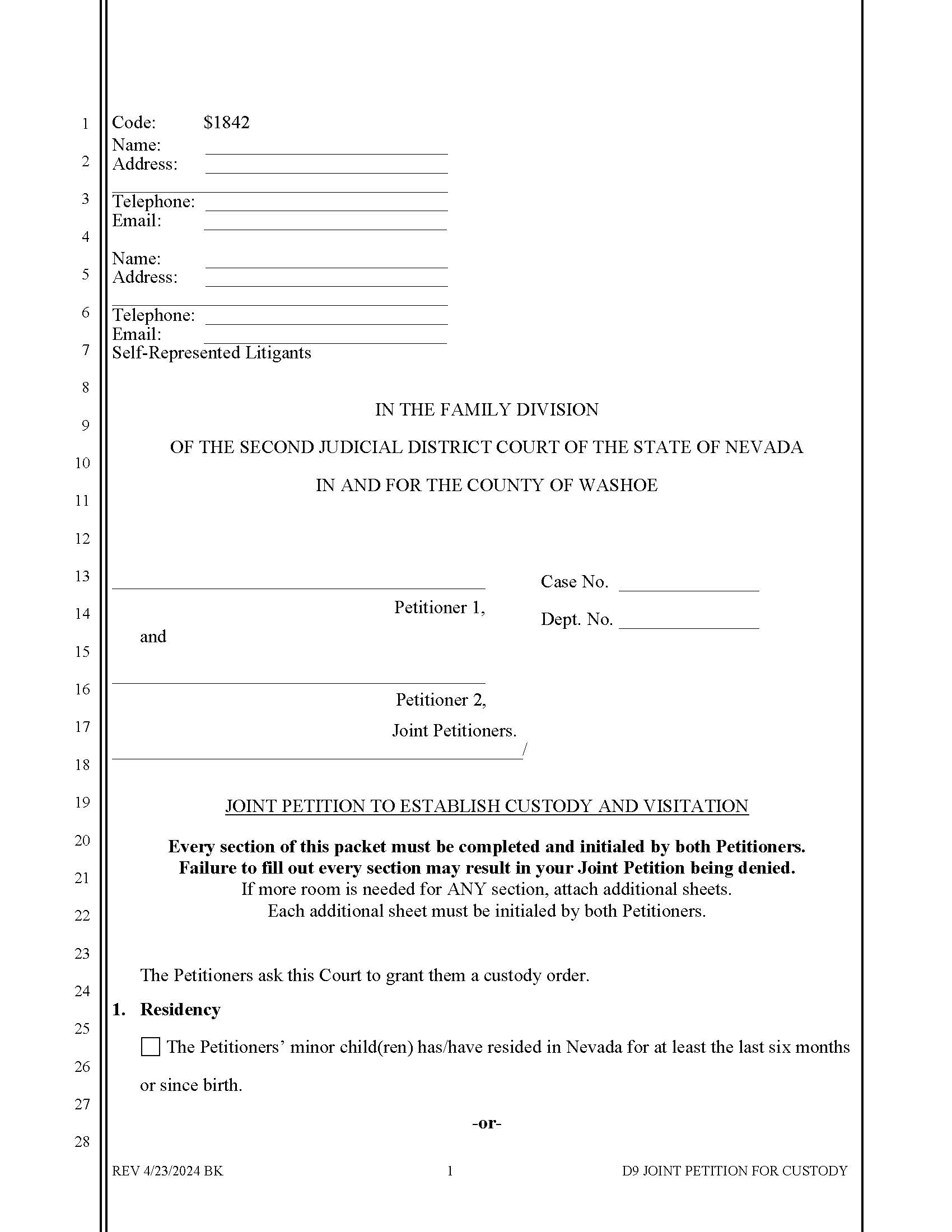 Joint Petition To Establish Custody Visitation And Child Support {D-9} | Pdf Fpdf Docx | Nevada