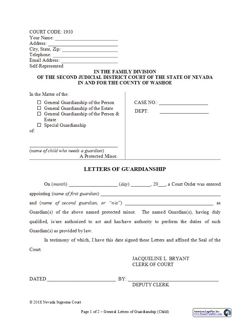 Letters Of Full Guardianship (Of Minor) {1910} | Pdf Fpdf Docx | Nevada