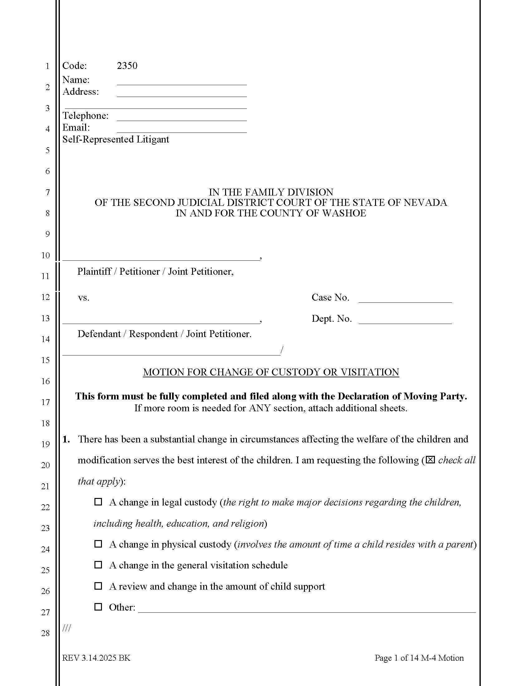 Motion For Change Of Custody Or Visitation {2350} | Pdf Fpdf Docx | Nevada