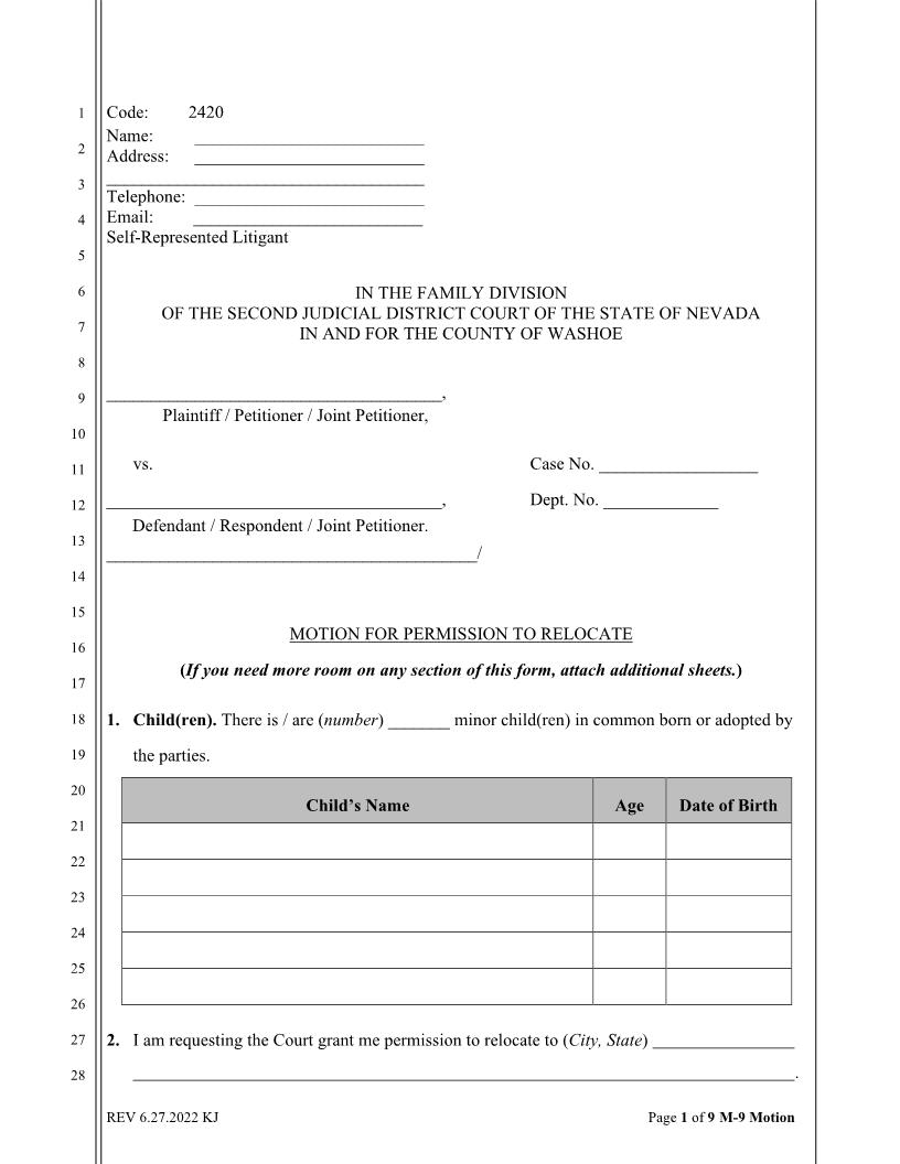 Motion For Permission To Relocate {2420} | Pdf Fpdf Docx | Nevada