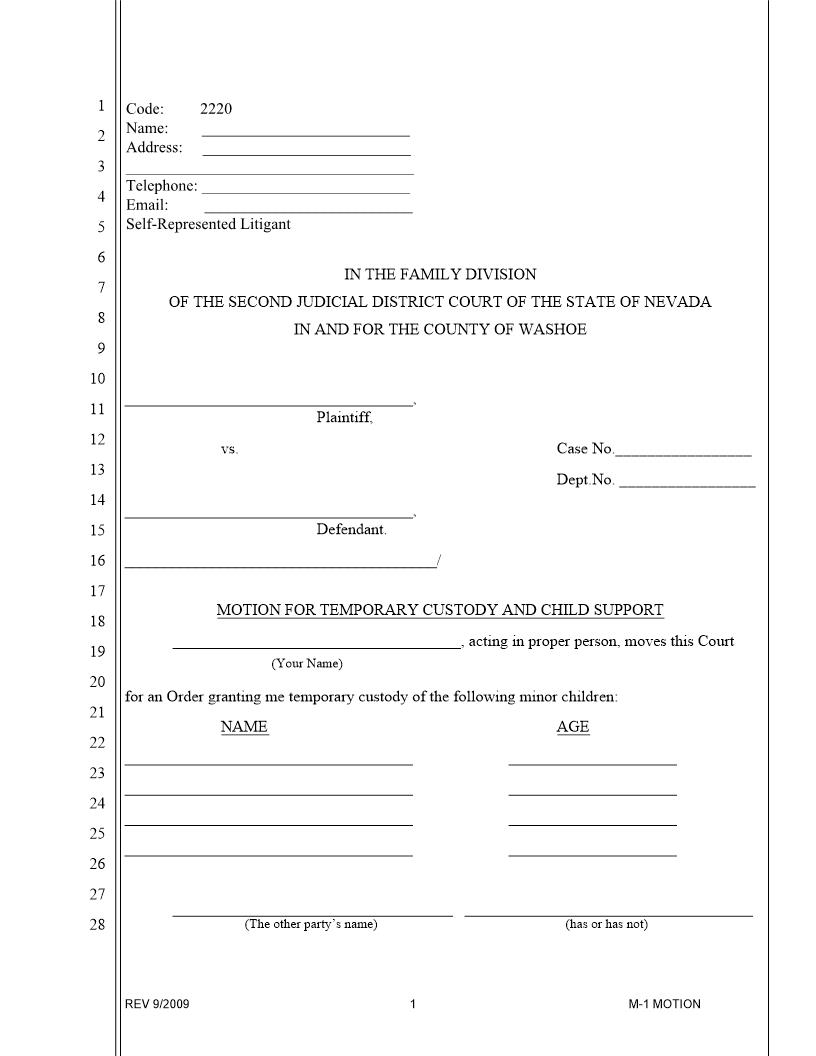 Motion For Temporary Custody And Child Support {2220} | Pdf Fpdf Doc Docx | Nevada