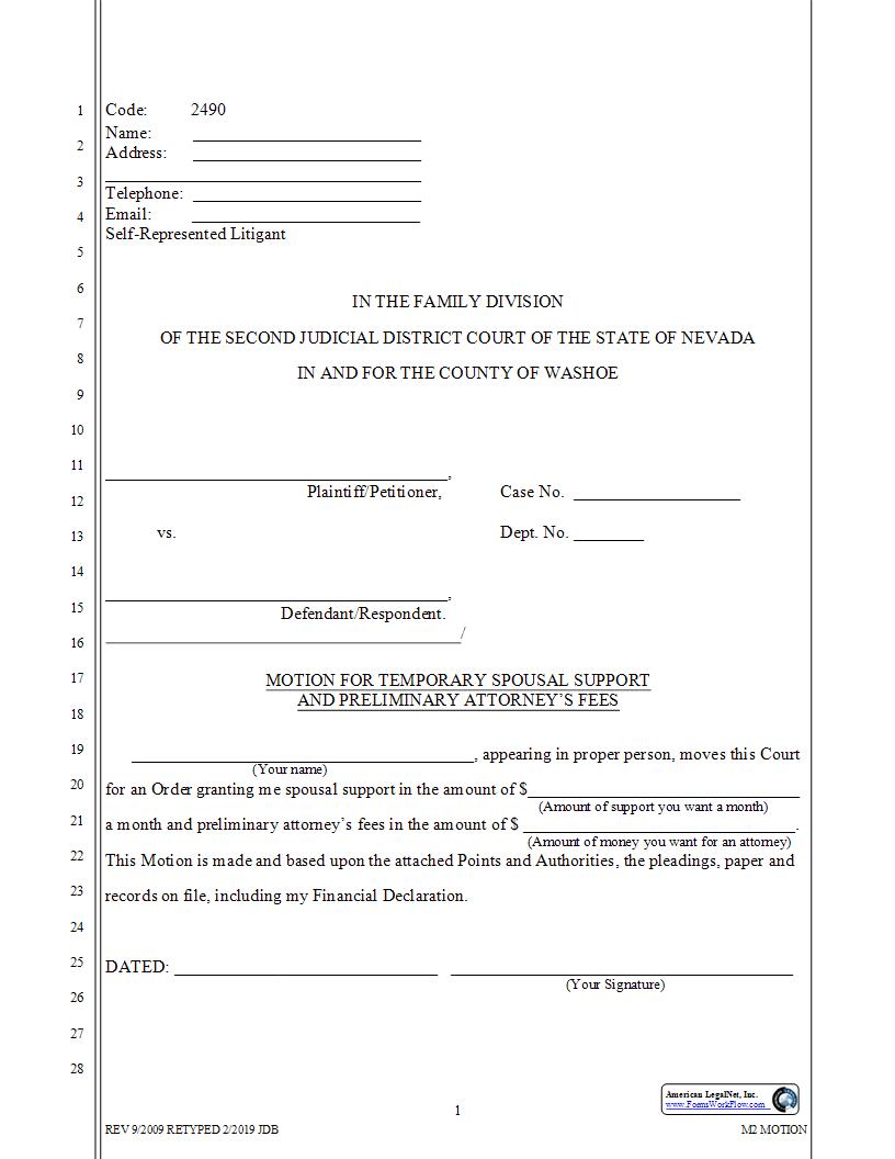 Motion For Temporary Spousal Support And Preliminary Attorneys Fees {2490} | Pdf Fpdf Docx | Nevada