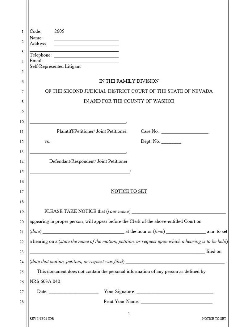 Notice To Set {2605} | Pdf Fpdf Doc Docx | Nevada