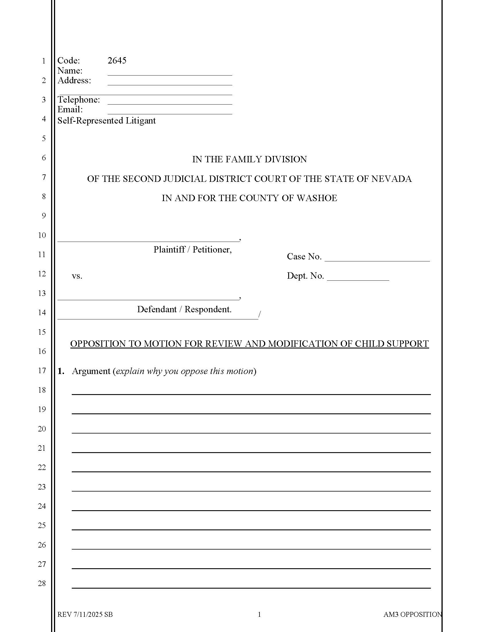 Opposition To Motion For Review And Modification Of Child Support {2645} | Pdf Fpdf Docx | Nevada