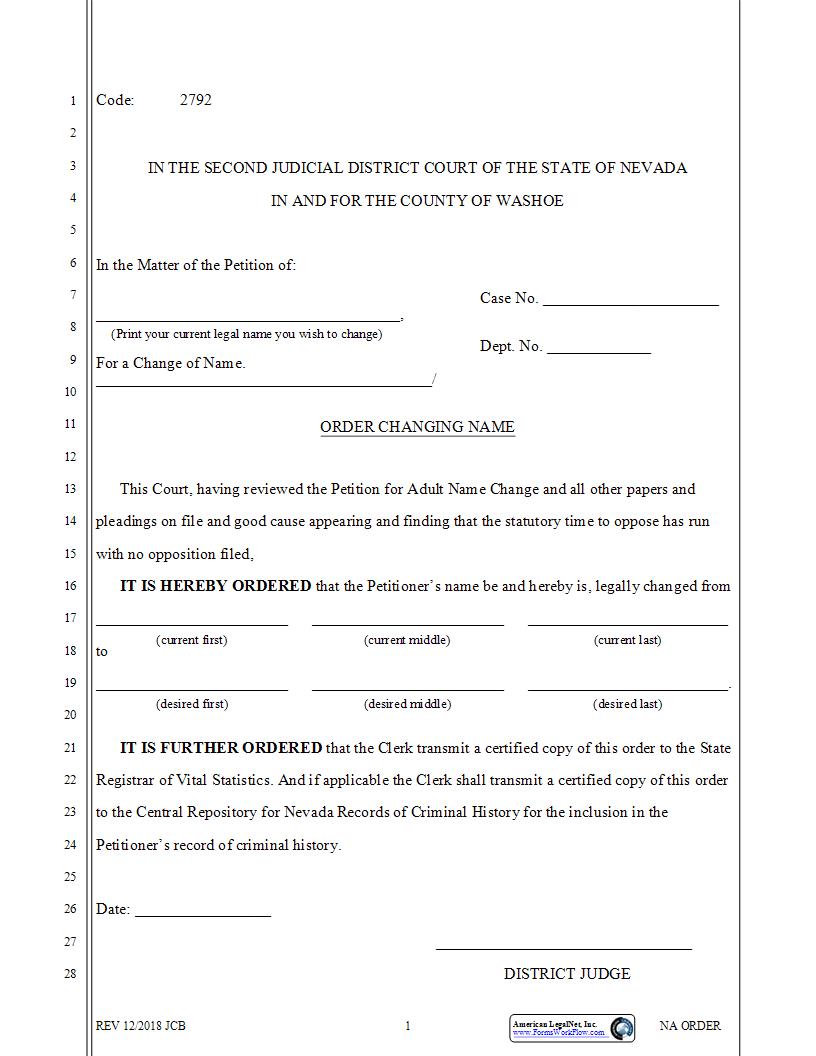 Order Changing Name {2792} | Pdf Fpdf Docx | Nevada