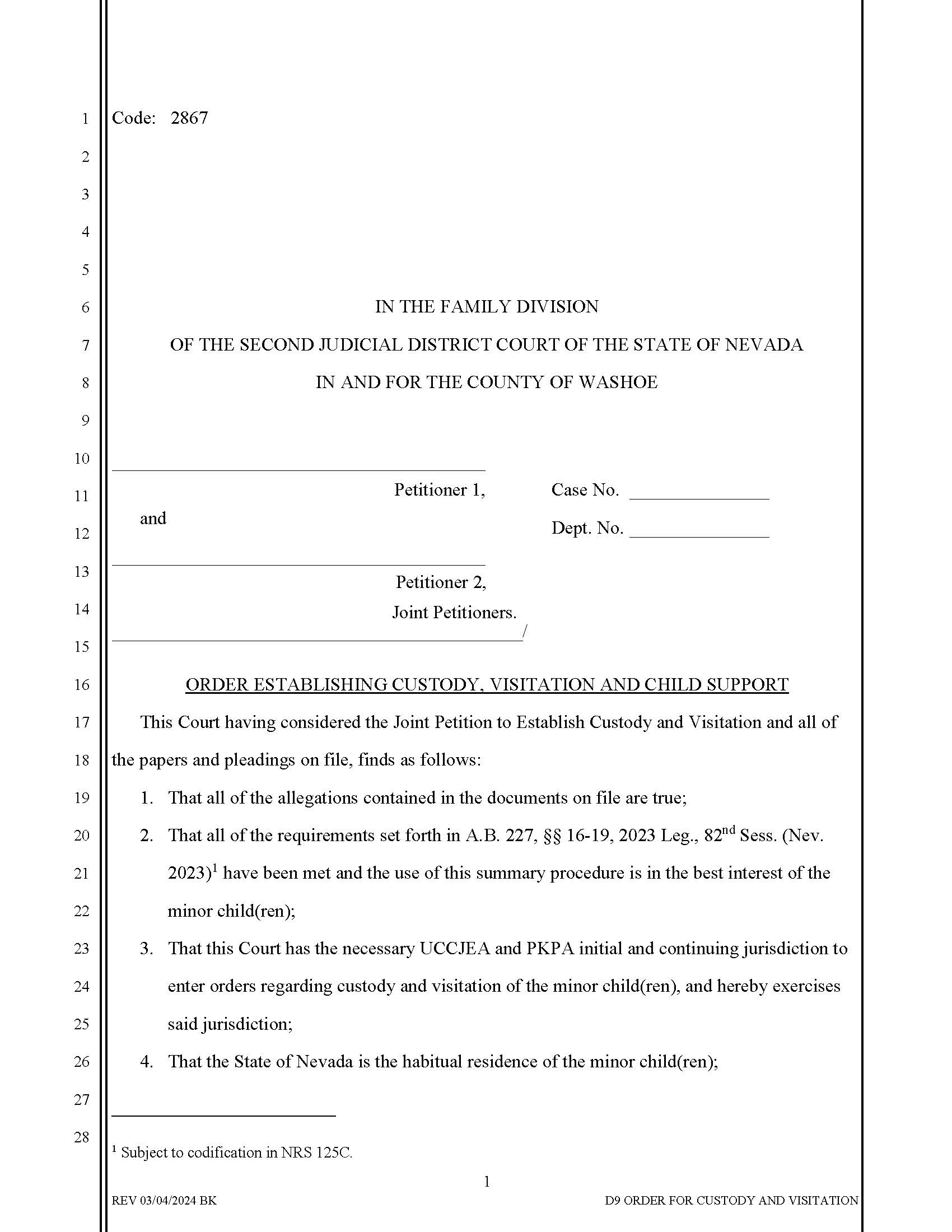 Order Establishing Custody Visitation And Child Support {2867} | Pdf Fpdf Docx | Nevada