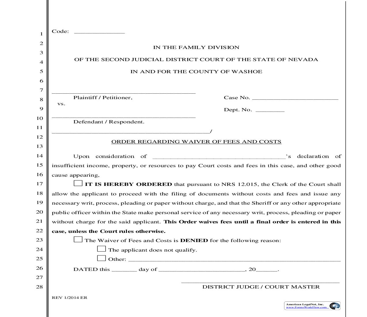 Order Regarding Waiver Of Fees And Costs | Pdf Fpdf Doc Docx | Nevada