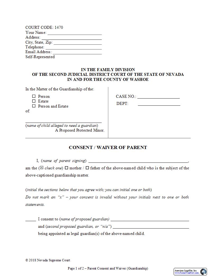 Parent Consent For Guardianship Of A Minor {1470} | Pdf Fpdf Docx | Nevada
