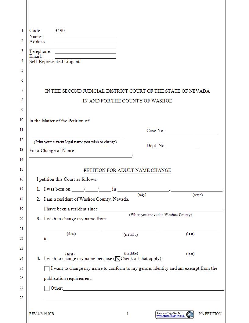 Petition For Adult Name Change {3490} | Pdf Fpdf Docx | Nevada