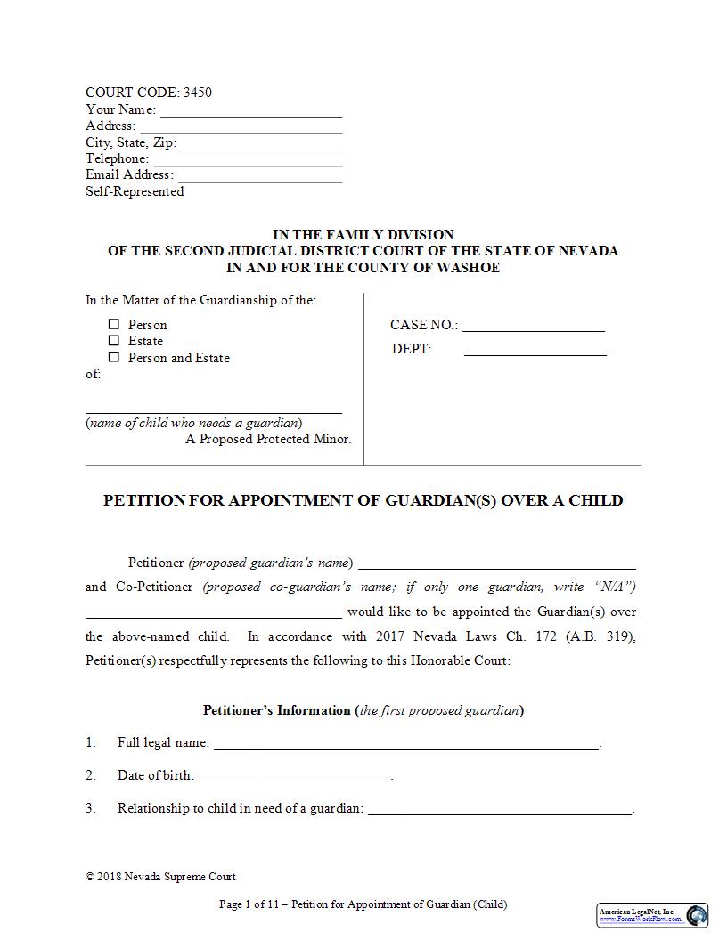 Petition For Appointment Of Guardian Over A Child {3450} | Pdf Fpdf Docx | Nevada