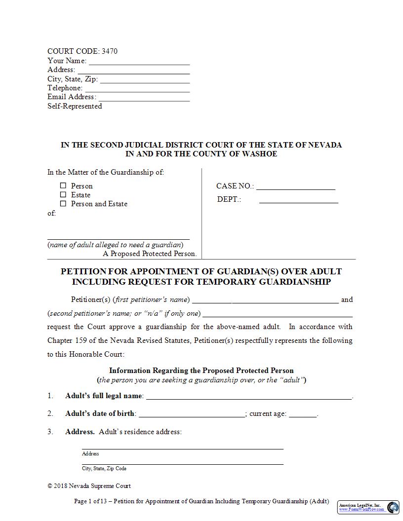 Petition For Appointment Of Guardian Over Adult Including Temporary {3470} | Pdf Fpdf Docx | Nevada