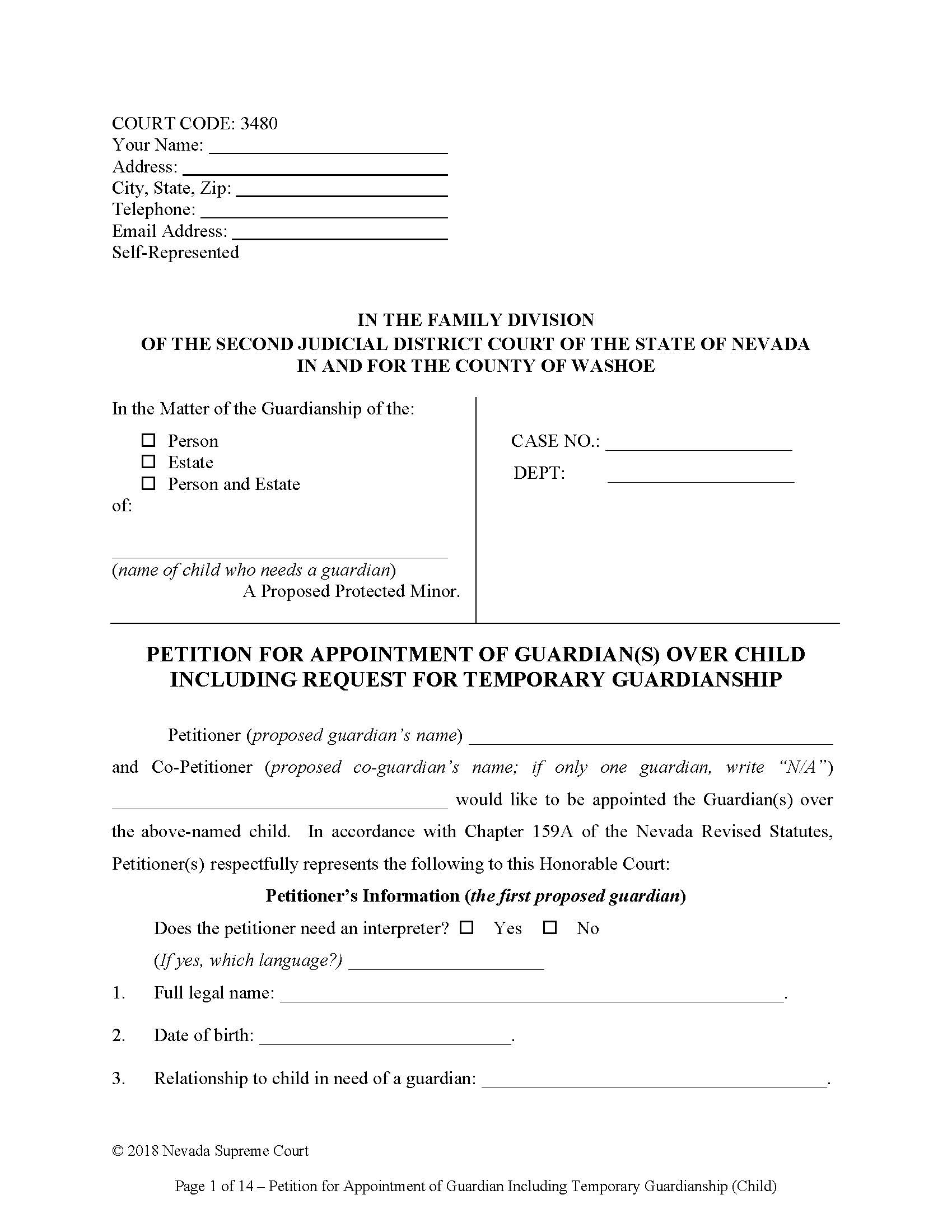 Petition For Appointment of Guardian Over Child Including Request For Temporary Guardianship (3480} | Pdf Fpdf Docx | Nevada