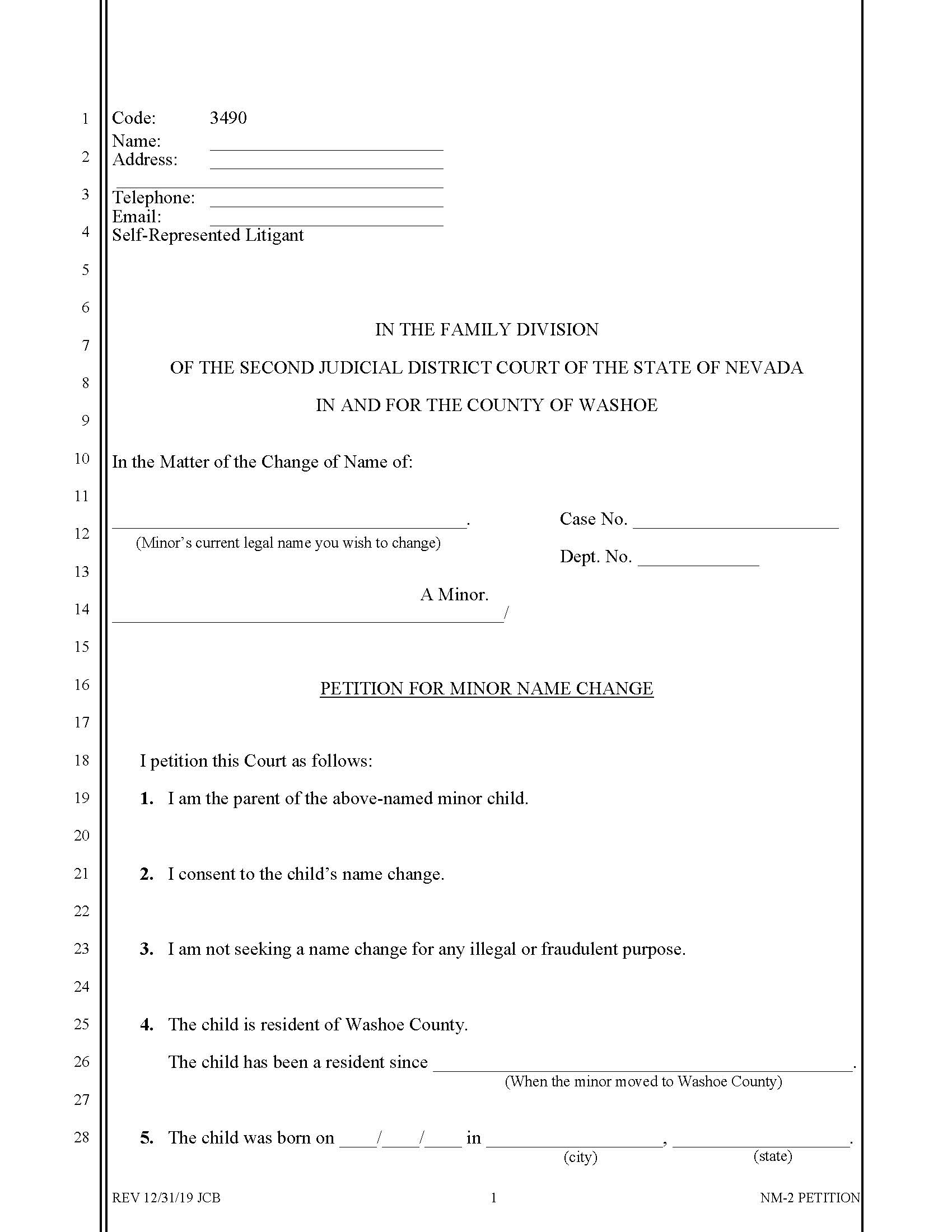 Petition For Change Of Minors Name (One Parent Petitioning) {3490} | Pdf Fpdf Docx | Nevada