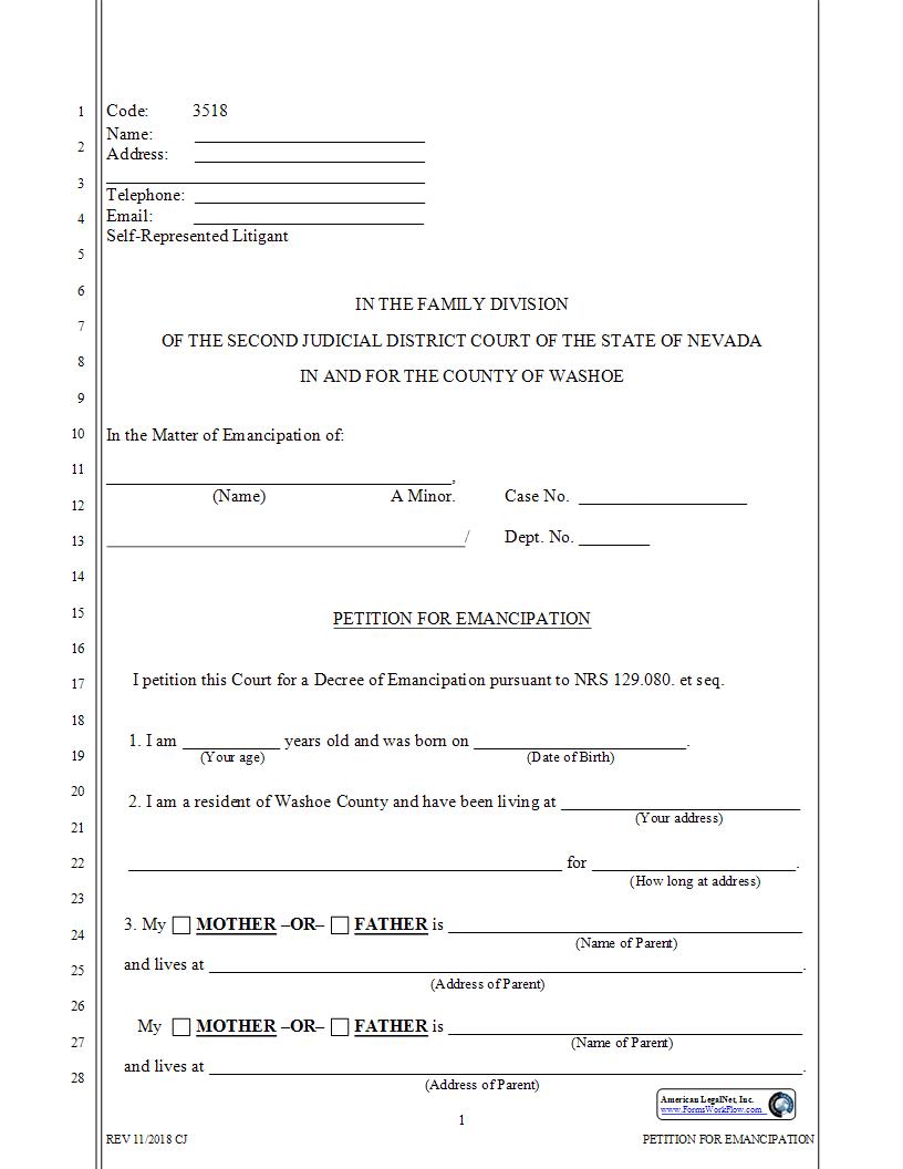 Petition For Emancipation {3518} | Pdf Fpdf Docx | Nevada