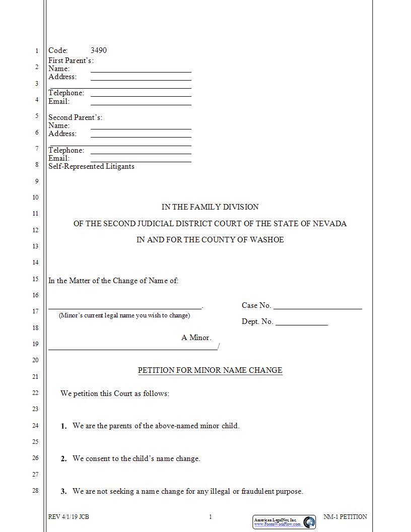 Petition For Name Change Of Minor - Both Parents Petitioning {3490} | Pdf Fpdf Docx | Nevada