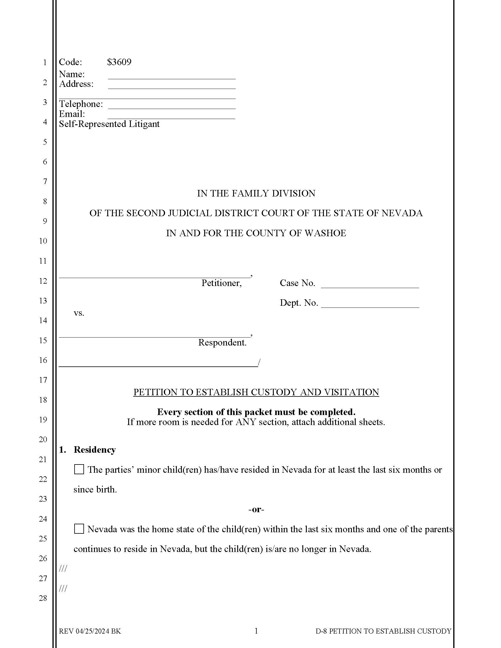 Petition To Establish Custody And Visitation {3609} | Pdf Fpdf Docx | Nevada