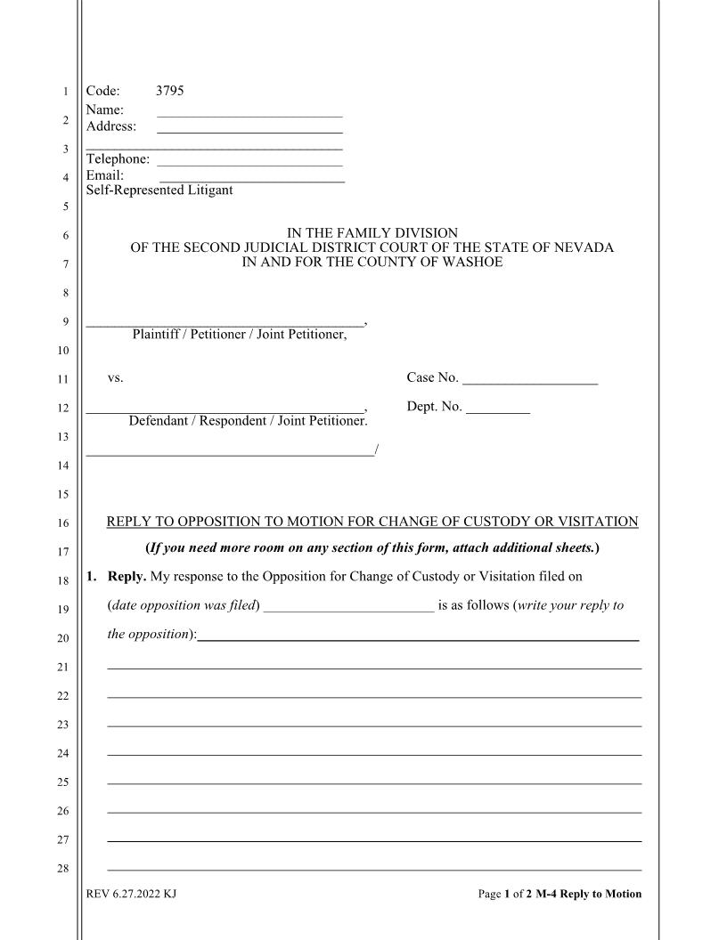 Reply To Opposition To Motion For Change Of Custody Or Visitation {3795} | Pdf Fpdf Docx | Nevada
