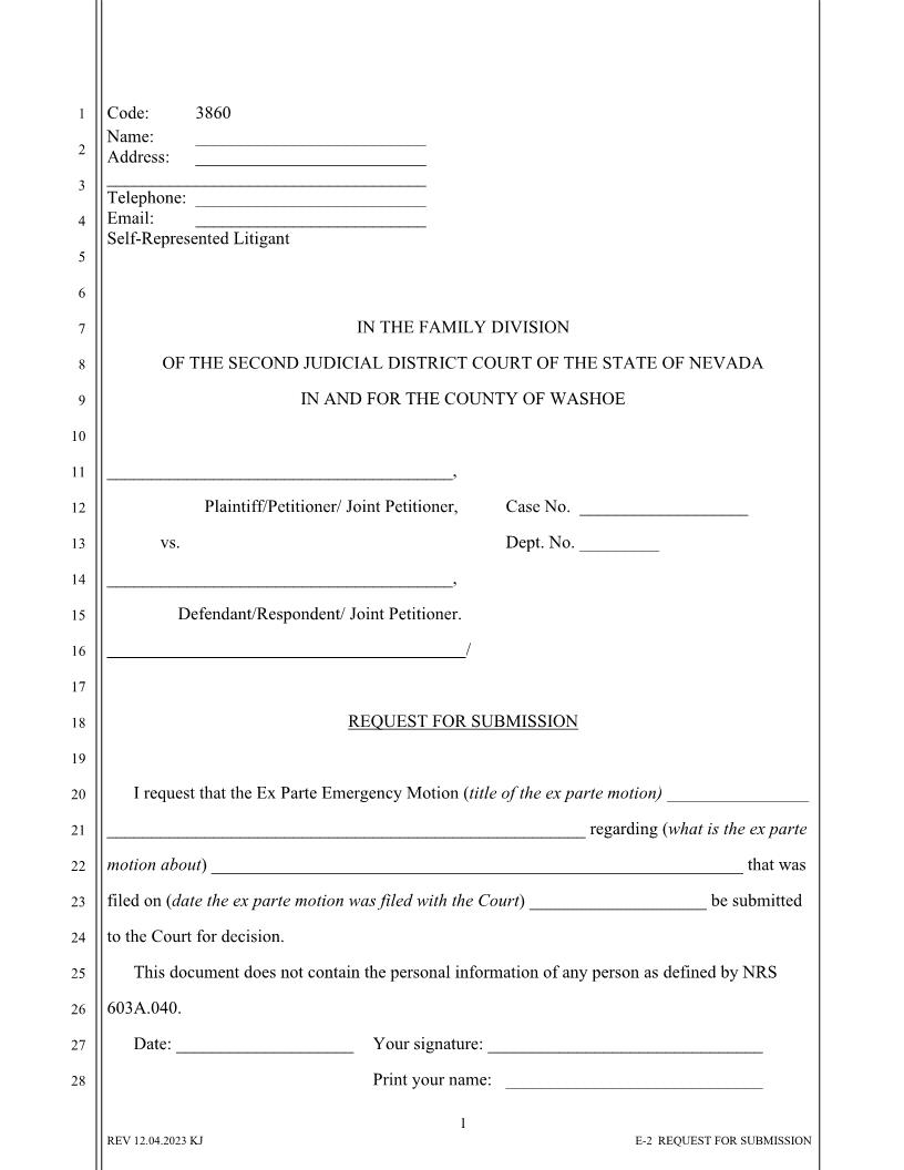 Request For Submission Of Ex Parte Motion {3860} | Pdf Fpdf Docx | Nevada