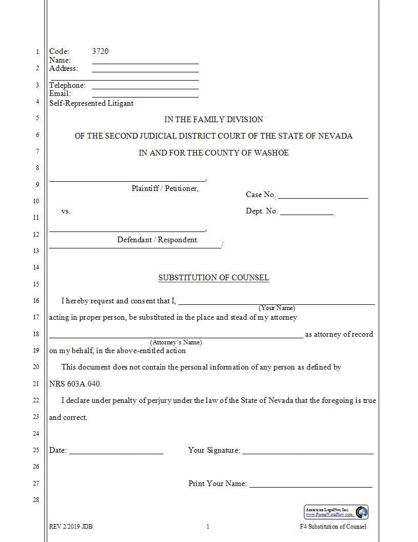 Substitution Of Counsel {3720} | Pdf Fpdf Docx | Nevada