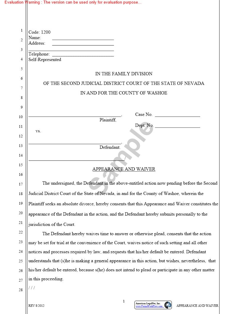 Appearance And Waiver {1200} | Pdf Fpdf Doc Docx | Nevada