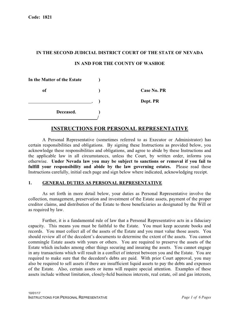 Instructions For Personal Representative {1821} | Pdf Fpdf Doc Docx | Nevada