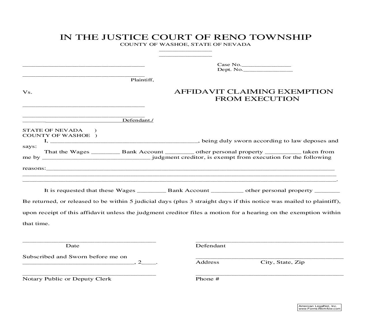 Affidavit Claiming Exemption From Execution | Pdf Fpdf Doc Docx | Nevada