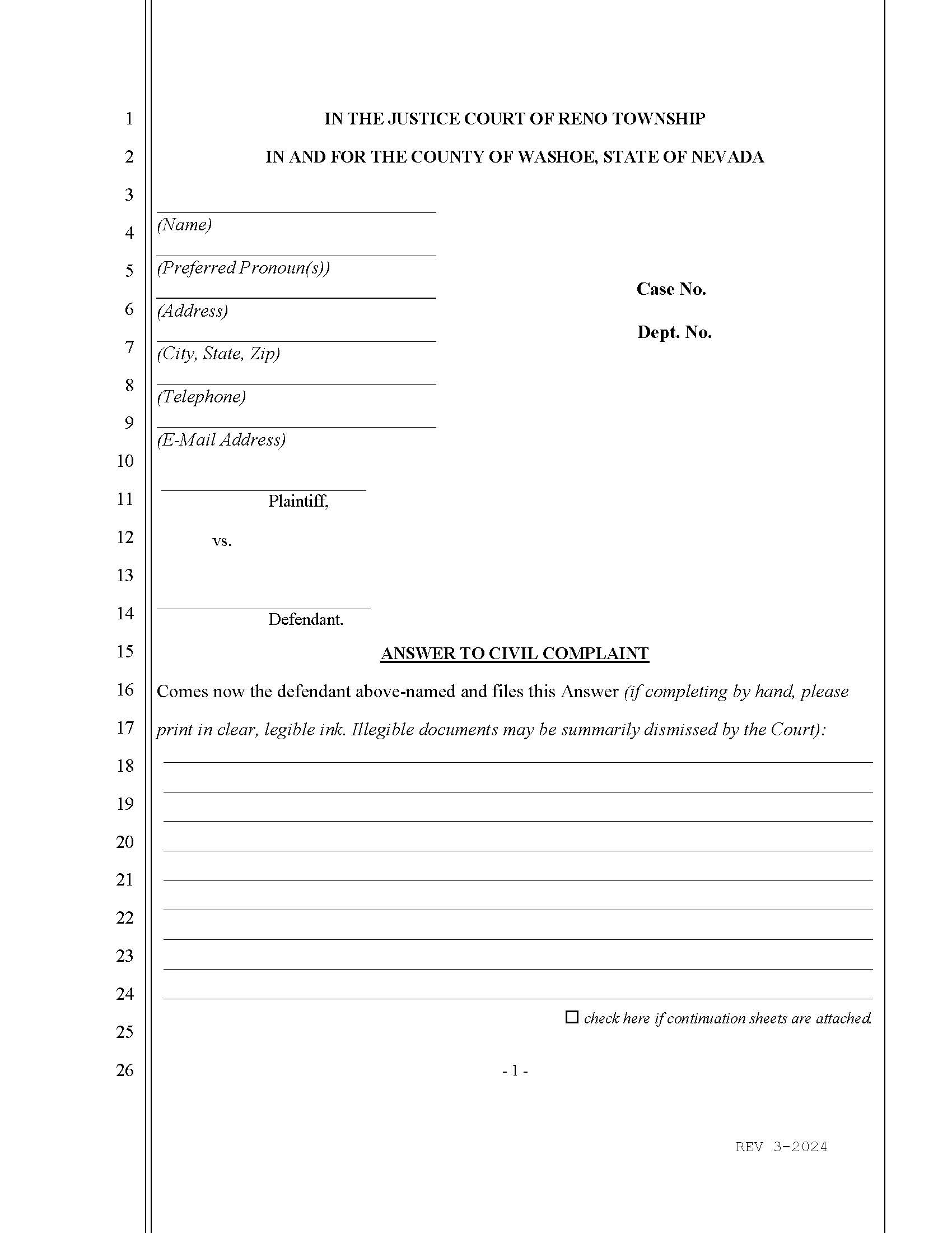 Answer To Civil Complaint | Pdf Fpdf Doc Docx | Nevada