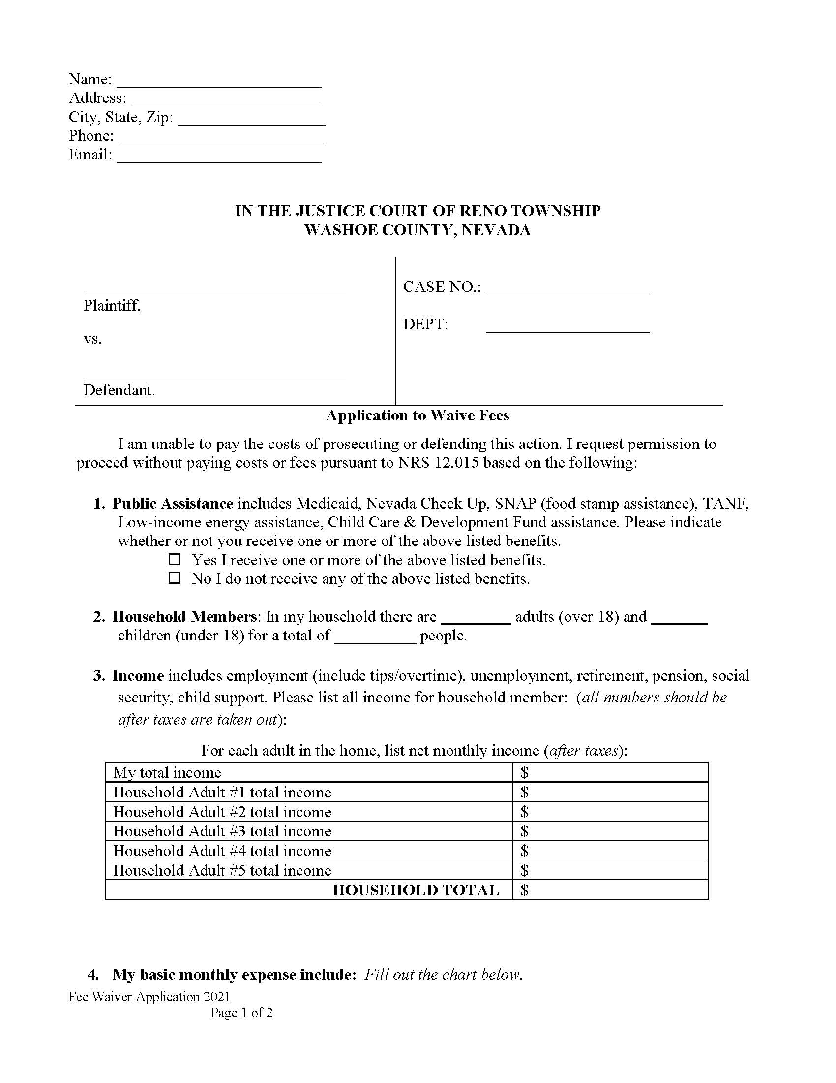 Application To Waive Fees | Pdf Fpdf Doc Docx | Nevada