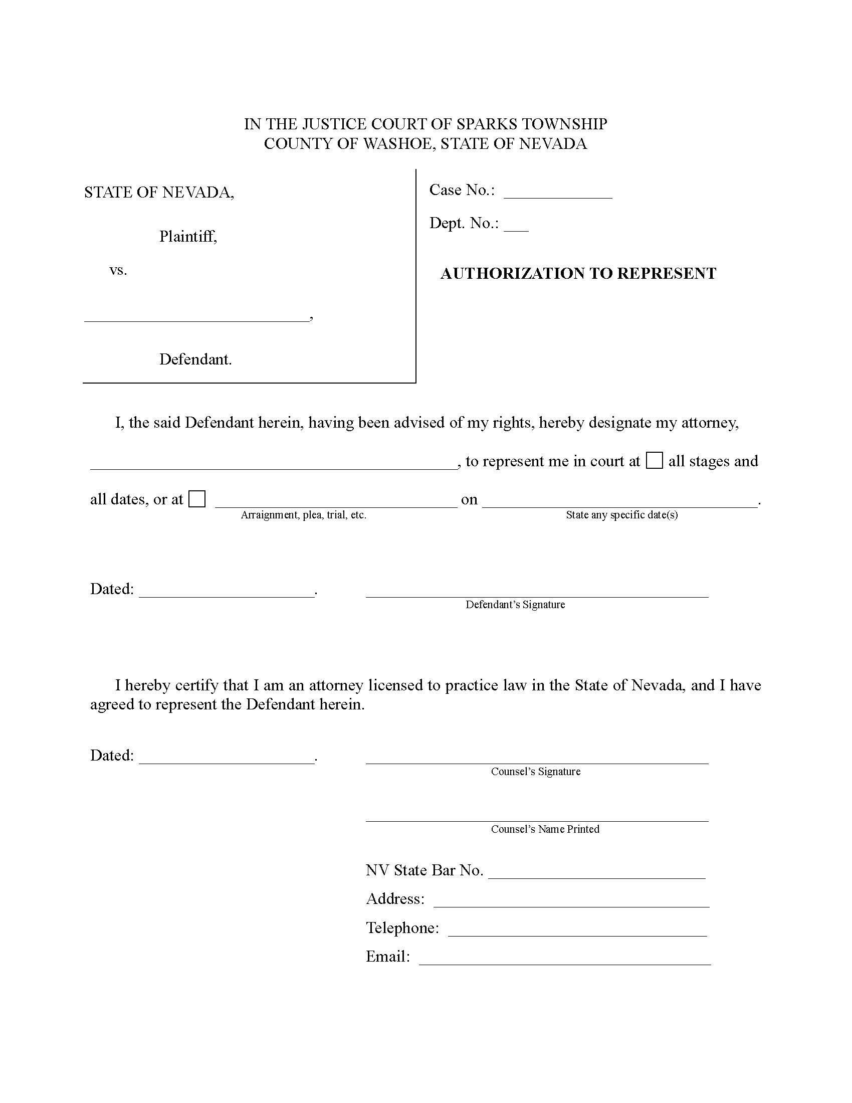 Authorization To Represent  | Pdf Fpdf Doc Docx | Nevada
