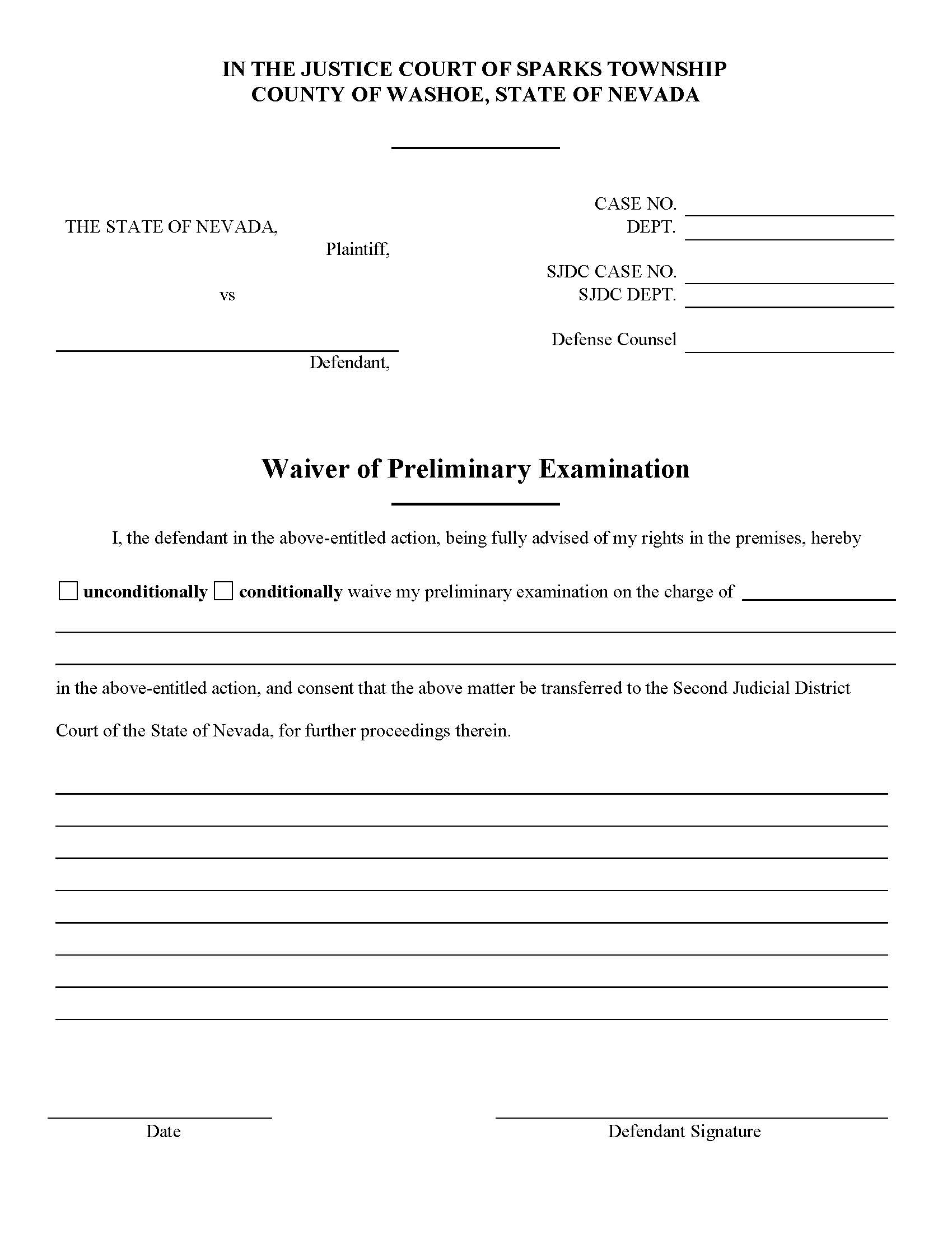Waiver Of Preliminary Examination | Pdf Fpdf Doc Docx | Nevada