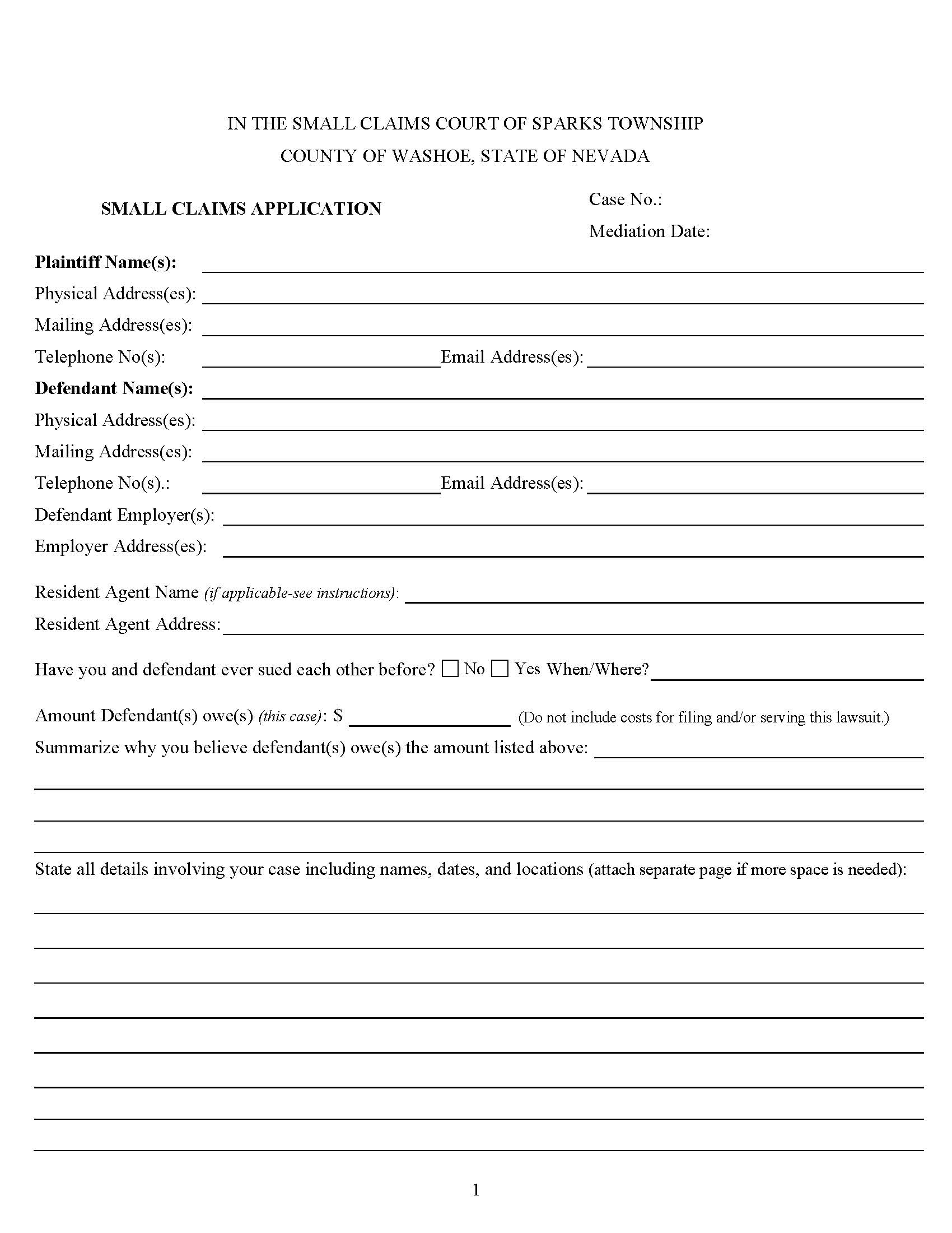 Small Claims Application | Pdf Fpdf Docx | Nevada