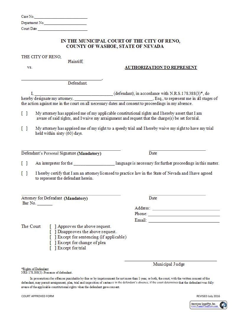Authorization To Represent | Pdf Fpdf Docx | Nevada