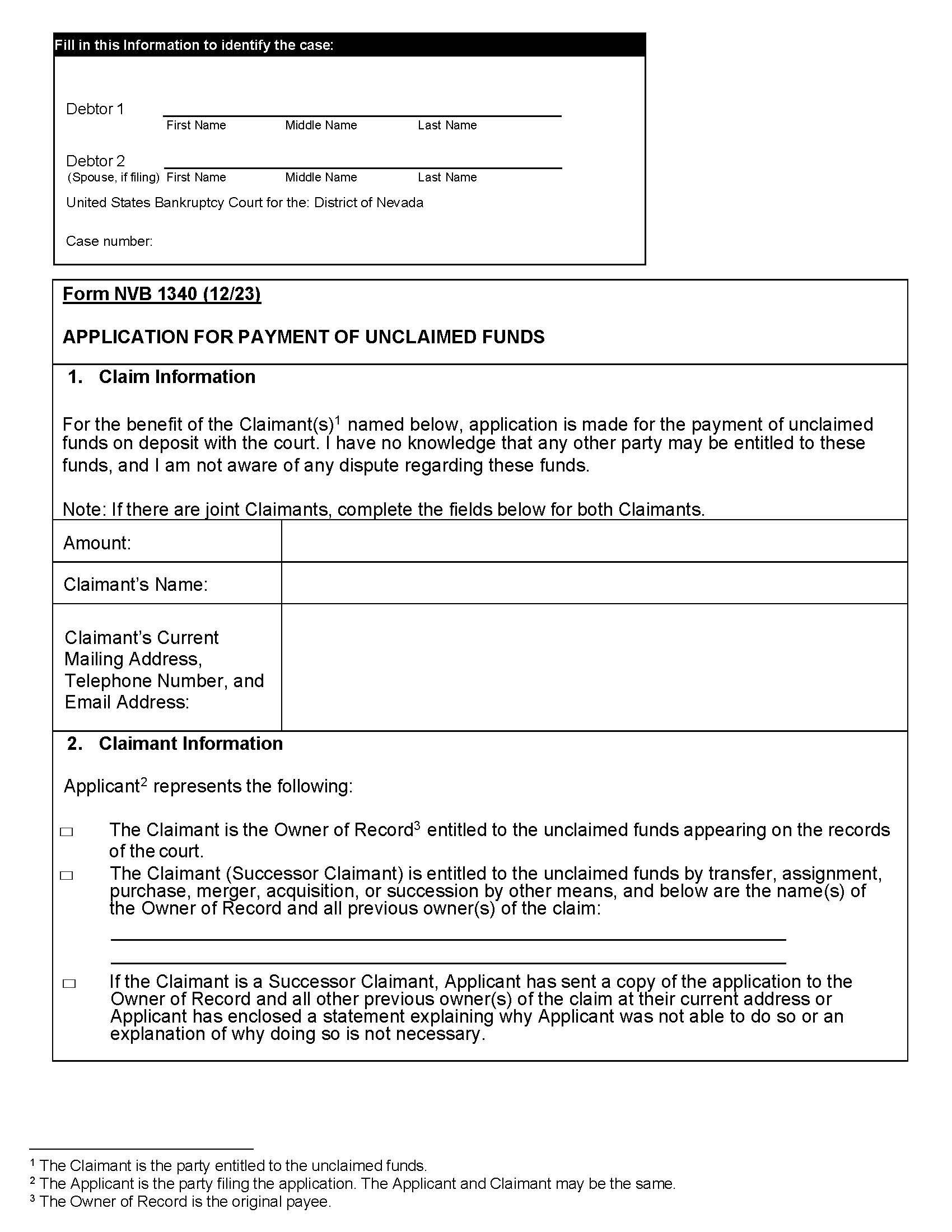 Application For Payment Of Unclaimed Funds {NVB 1340} | Pdf Fpdf Docx | Nevada