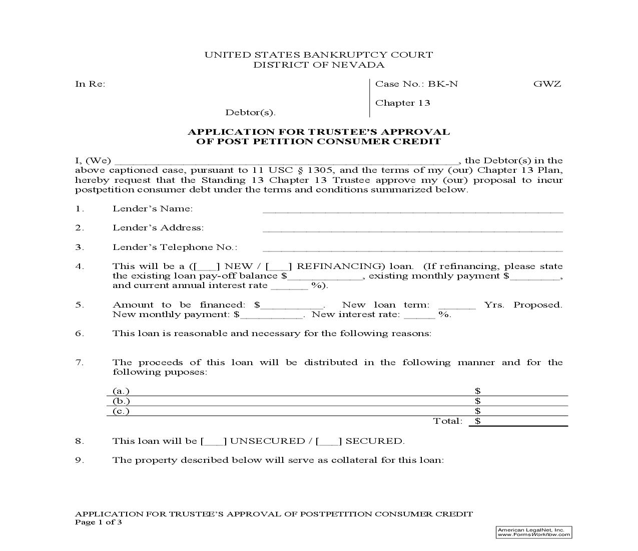 Application For Trustees Approval Of Post Petition Consumer Credit - Reno | Pdf Fpdf Doc Docx | Nevada