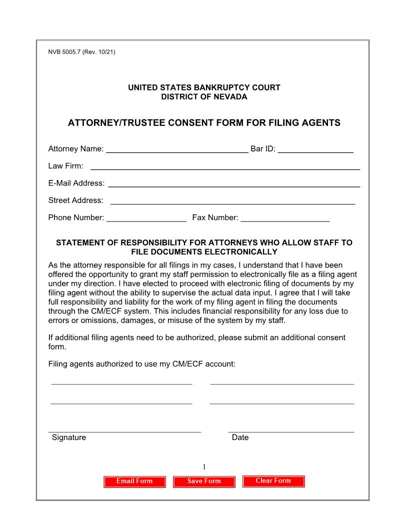 Attorney Trustee Consent Form For Filing Agents {NVB 5005.7} | Pdf Fpdf Docx | Nevada