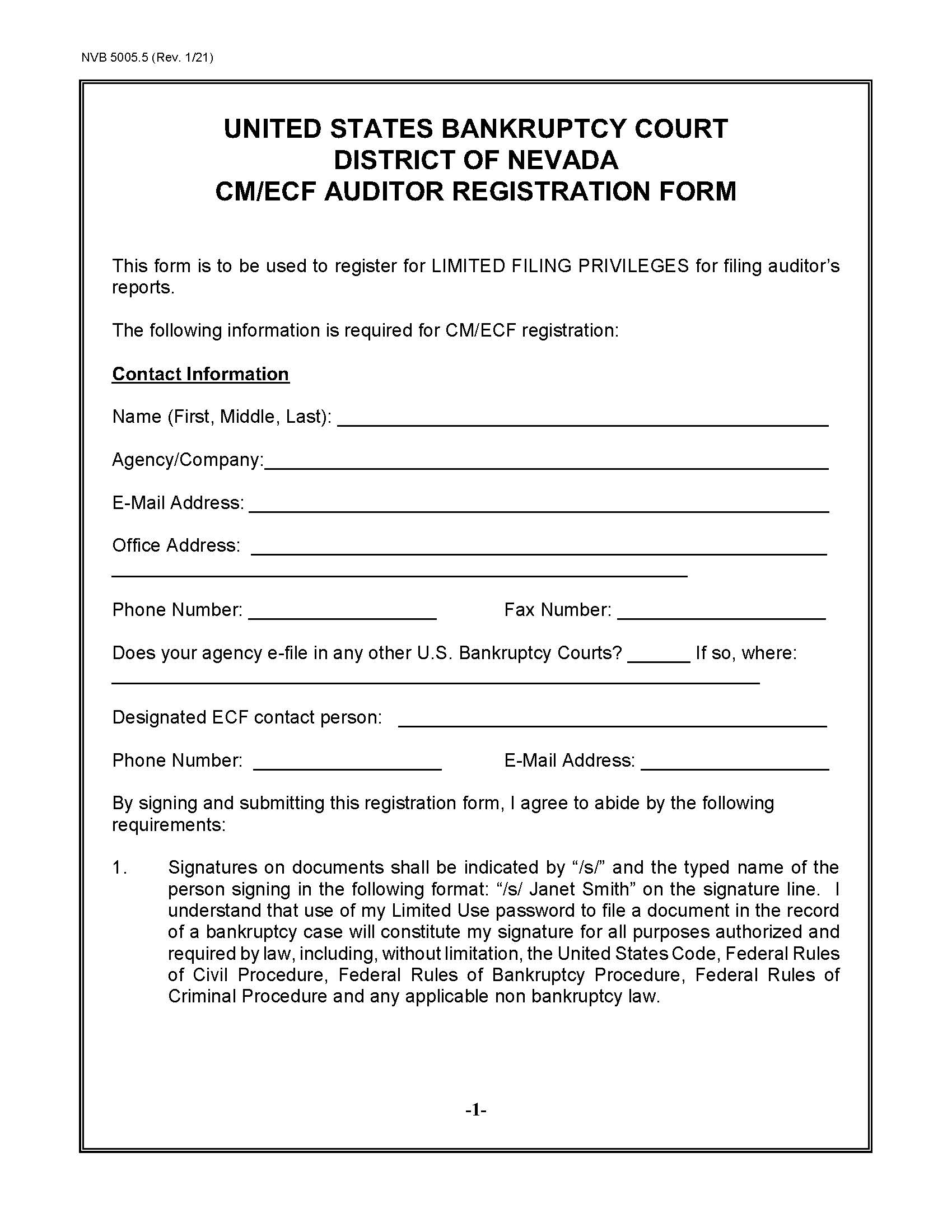 CM ECF Auditor Registration Form {NVB 5005.5} | Pdf Fpdf Doc Docx | Nevada