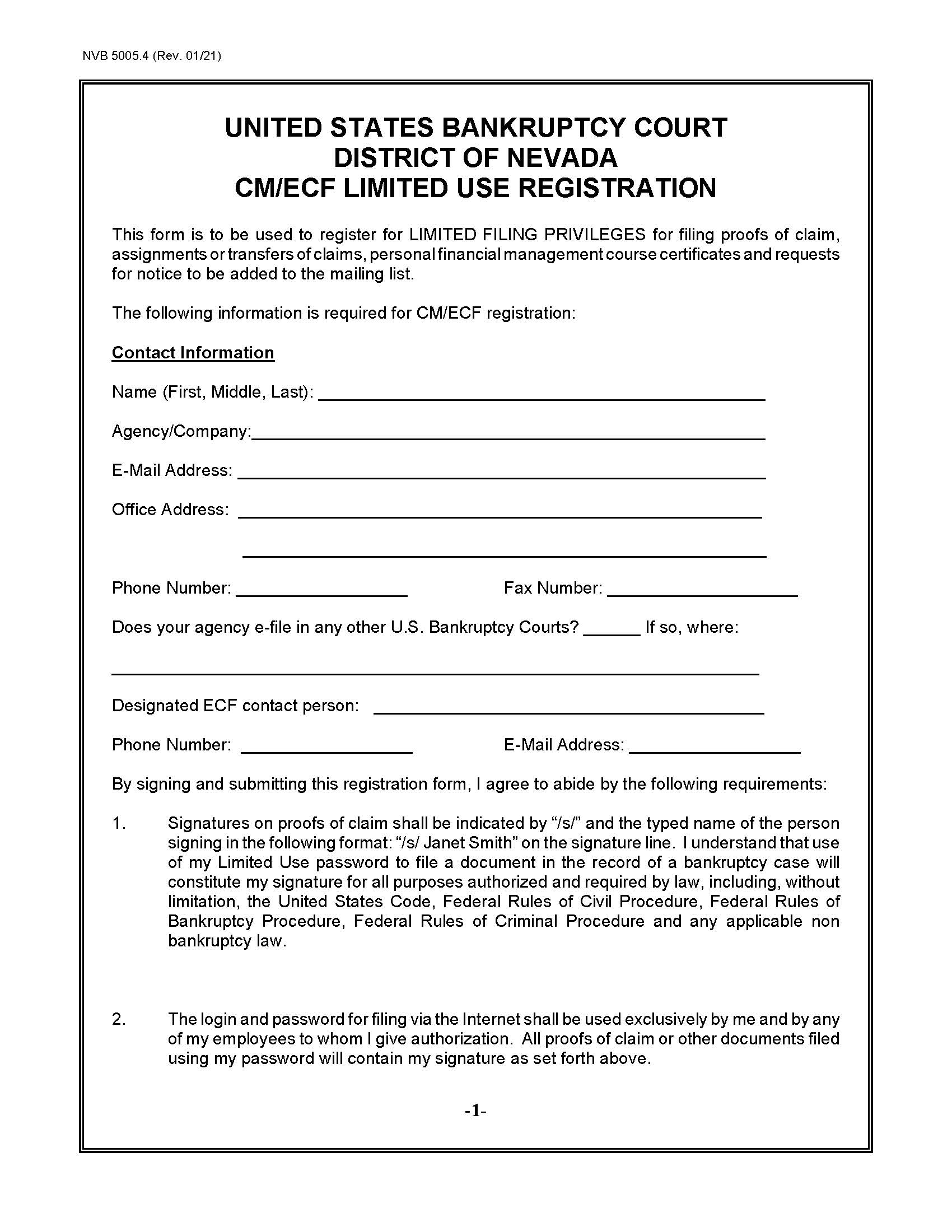 CM ECF Limited Use Registration {NVB 5005.4} | Pdf Fpdf Doc Docx | Nevada