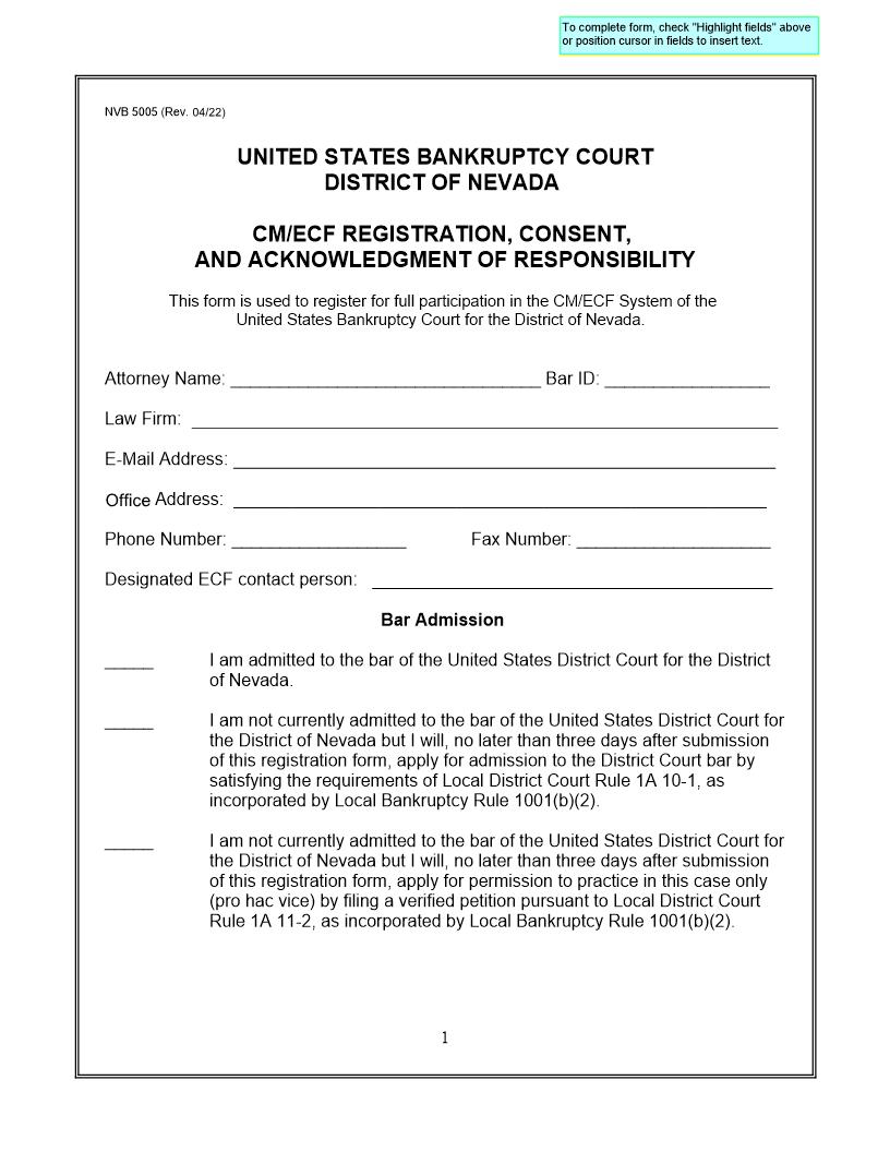 CM ECF Registration Consent And Acknowledgment Of Responsibility {NVB 5005} | Pdf Fpdf Docx | Nevada