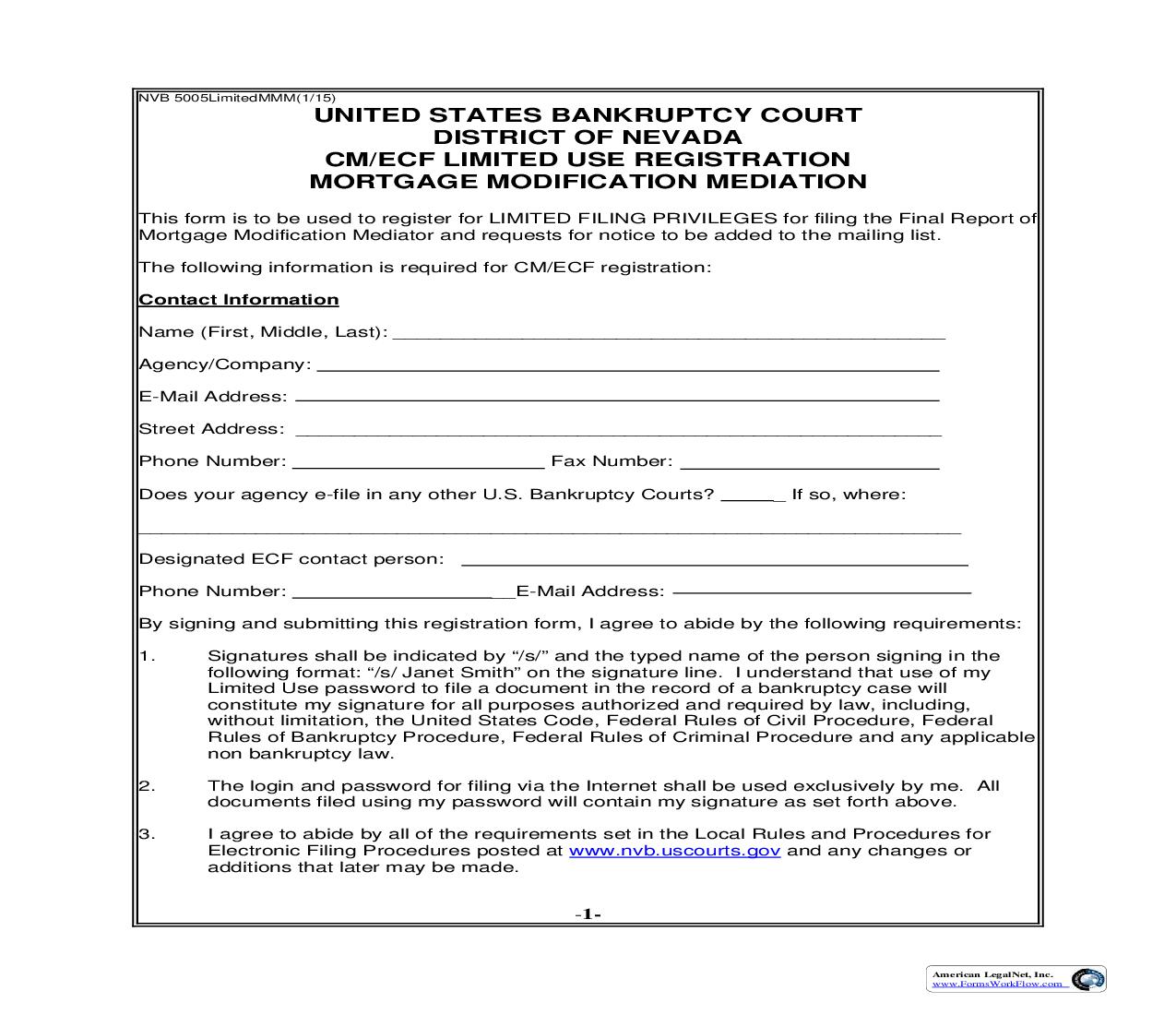 CM-ECF Limited Use Registration (Mortgage Modification Mediation) {NVB 5005LimitedMMM} | Pdf Fpdf Doc Docx | Nevada
