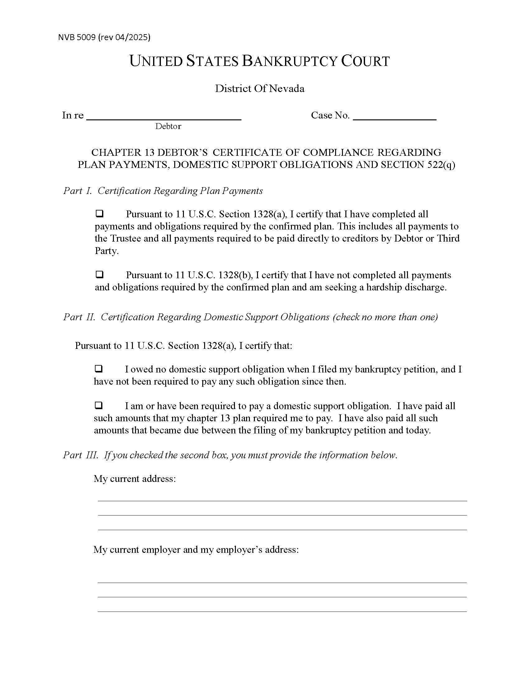 Chapter 13 Debtors Certificate Of Compliance Regarding Plan Payments | Pdf Fpdf Docx | Nevada