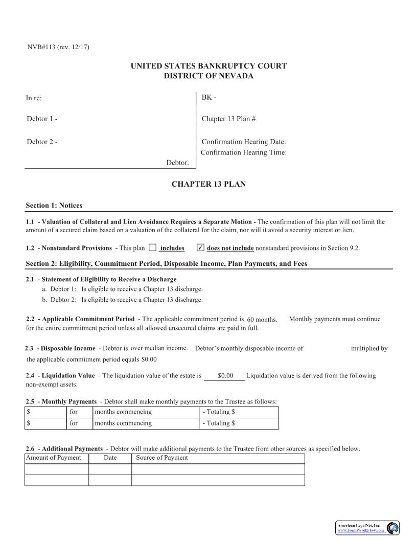 Chapter 13 Plan {NVB 113} | Pdf Fpdf Docx | Nevada