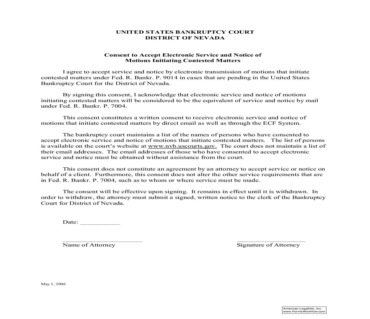 Consent To Accept Electronic Service And Notice Of Motions Initiating Contested Matters | Pdf Fpdf Doc Docx | Nevada