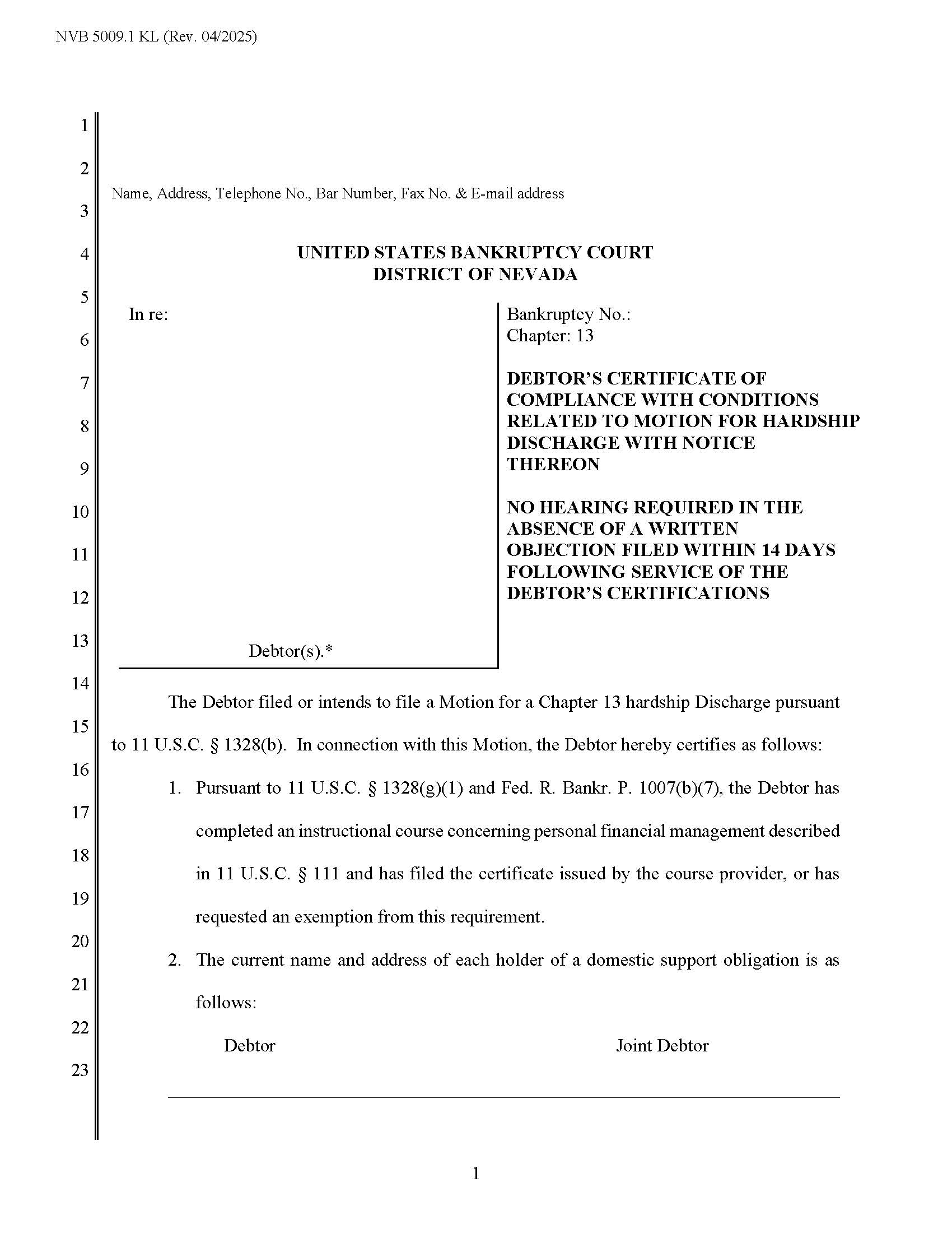 Debtors Certificate Of Compliance Related To Motion For Hardship Discharge (Leavitt) | Pdf Fpdf Docx | Nevada