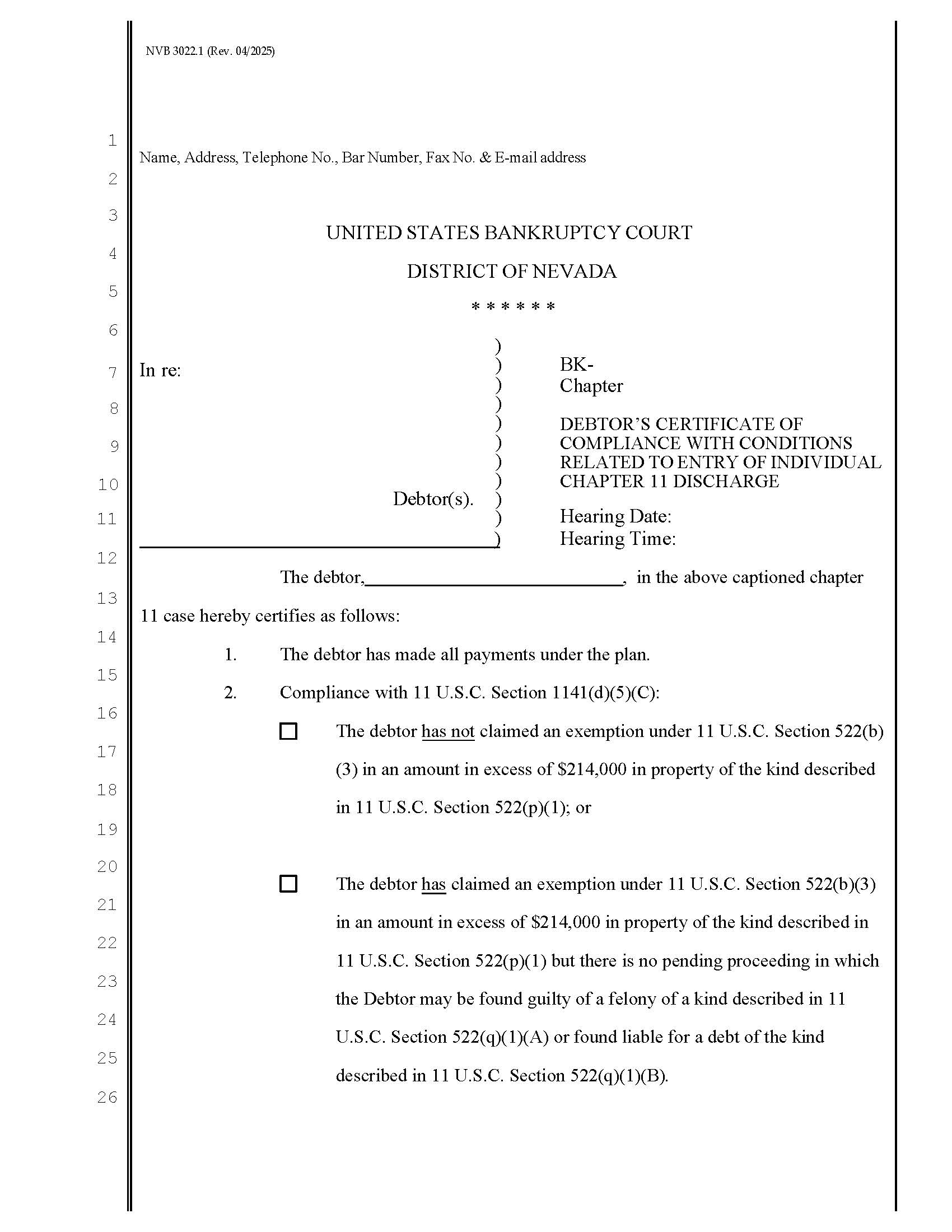 Debtors Certificate Of Compliance With Conditions Reated To Entry Of Discharge {NVB 3022.1} | Pdf Fpdf Docx | Nevada