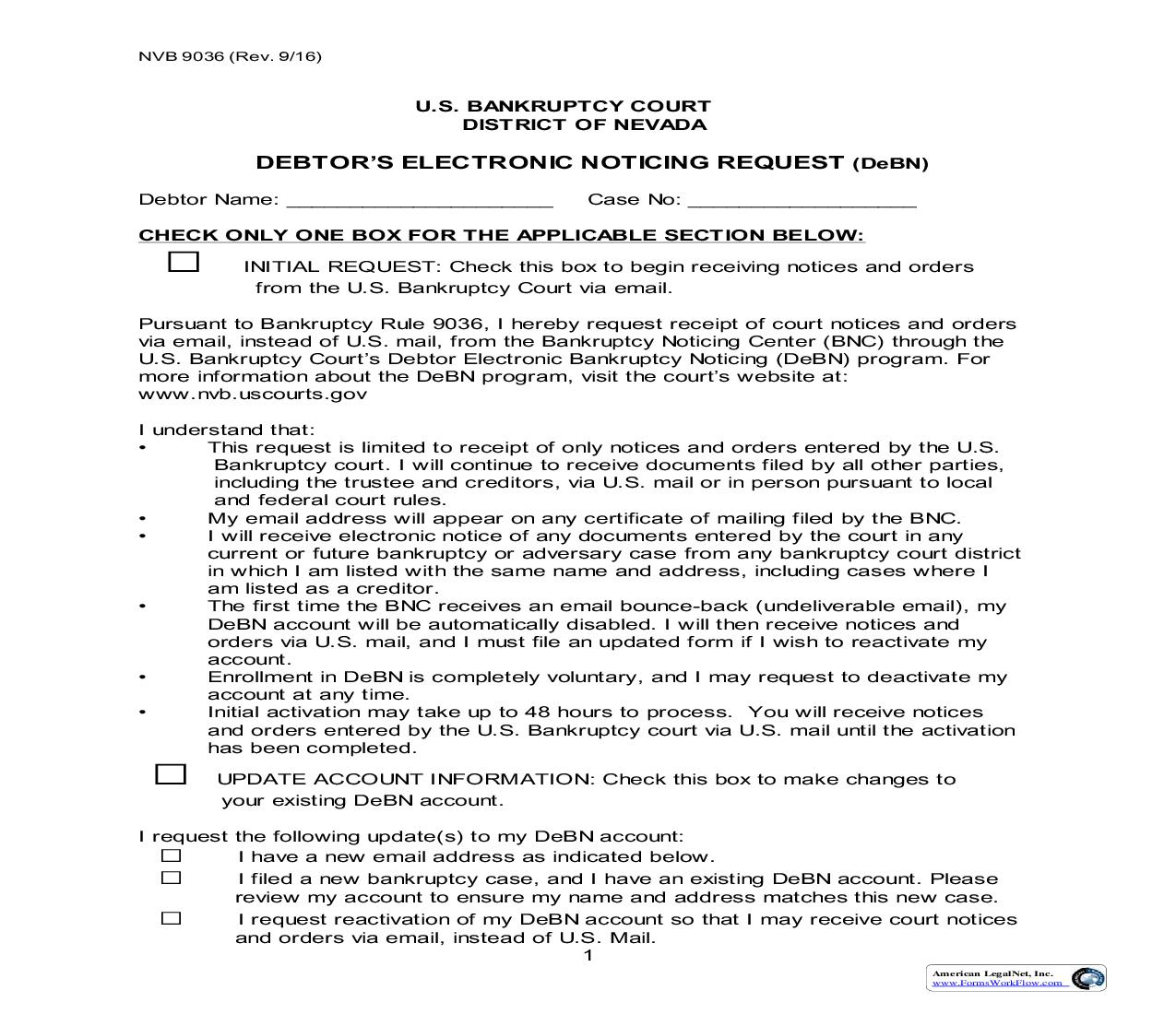 Debtors Electronic Noticing Request (DeBN) {NVB 9036} | Pdf Fpdf Doc Docx | Nevada
