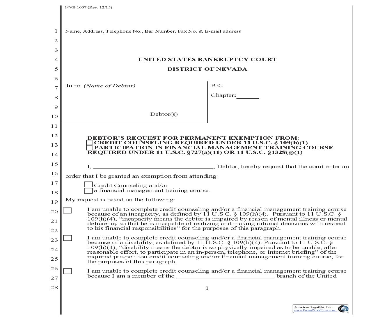 Debtors Request For Permanent Exemption From Credit Counseling Or Participation In Financial Management Training | Pdf Fpdf Doc Docx | Nevada
