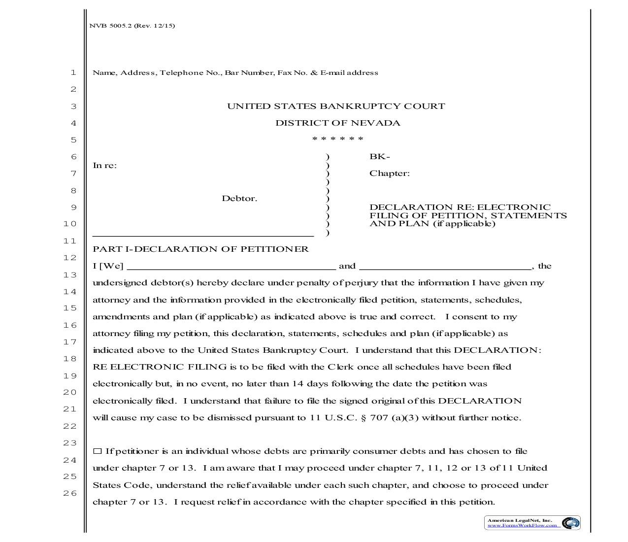 Declaration Re Electronic Filing Of Petition, Statements And Plan {NVB 5005.2} | Pdf Fpdf Doc Docx | Nevada