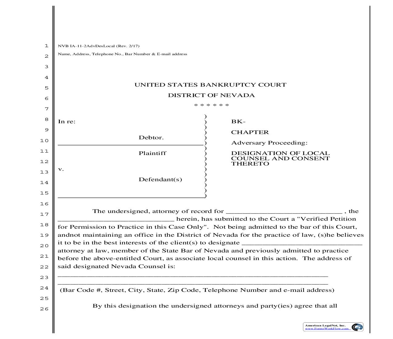 Designation Of Local Counsel And Consent Thereto (Adversary) {NVB 1A-11-2AdvDesLocal} | Pdf Fpdf Doc Docx | Nevada
