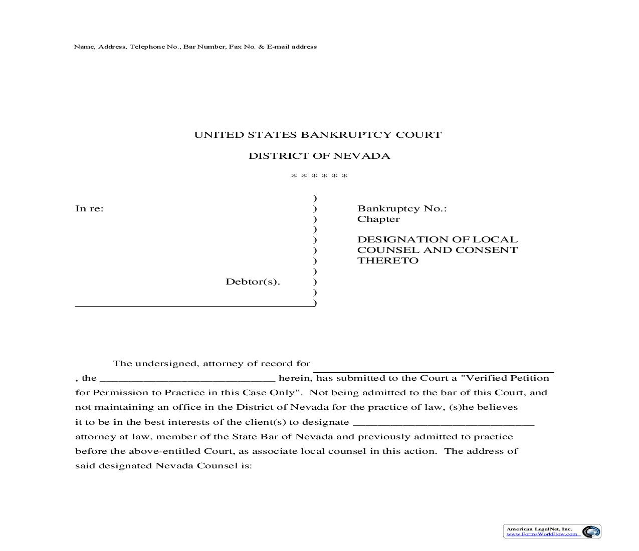 Designation Of Local Counsel And Consent Thereto (Bankruptcy) | Pdf Fpdf Doc Docx | Nevada