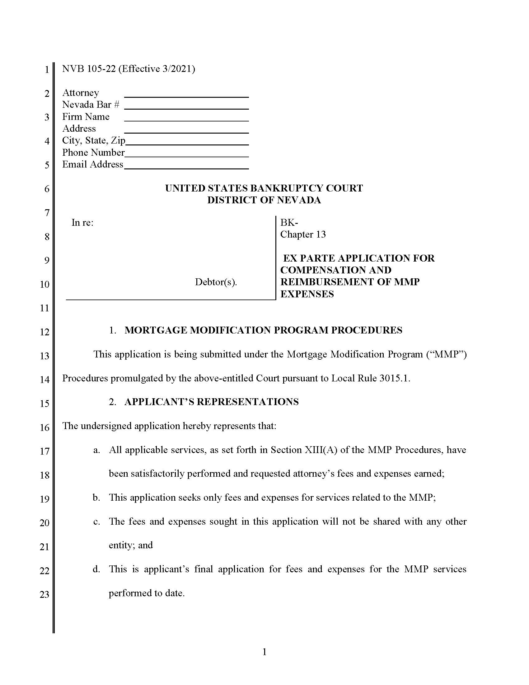 Ex Parte Application For Compensation And Reimbursement Of MMP Expenses {NVB 105-22} | Pdf Fpdf Doc Docx | Nevada